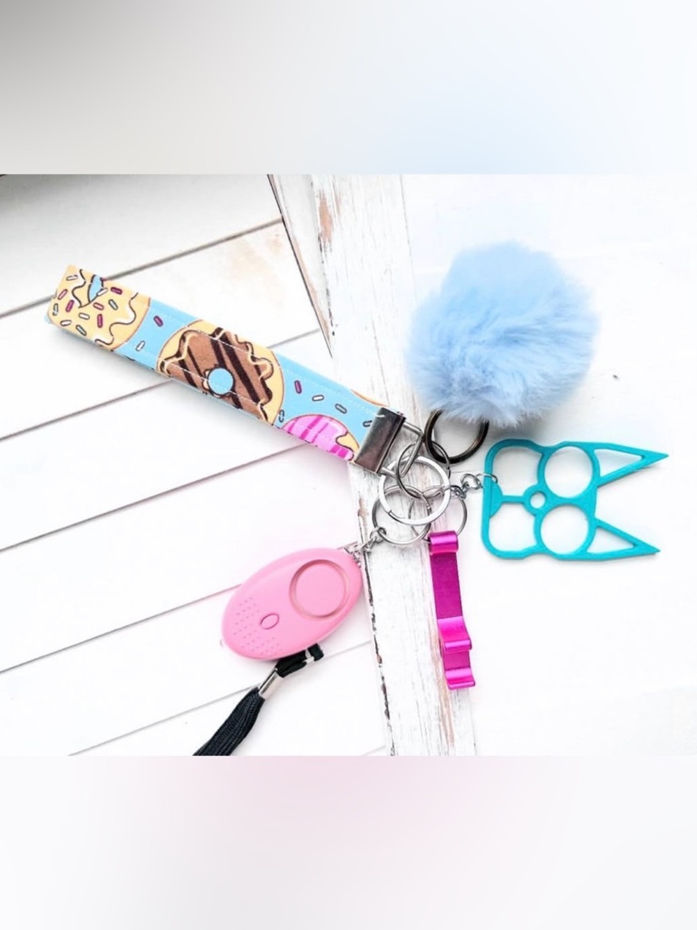 New Women's Cute Pink Alarm Keychain with Blue Pom Pom and Donut Lanyard